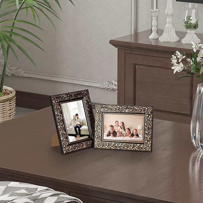 Edenseelake 4x6 Picture Frames Set of 2, Vintage Flower Relief Photo Frame 4 by 6 for Tabletop or Wall Display, Black-Gold