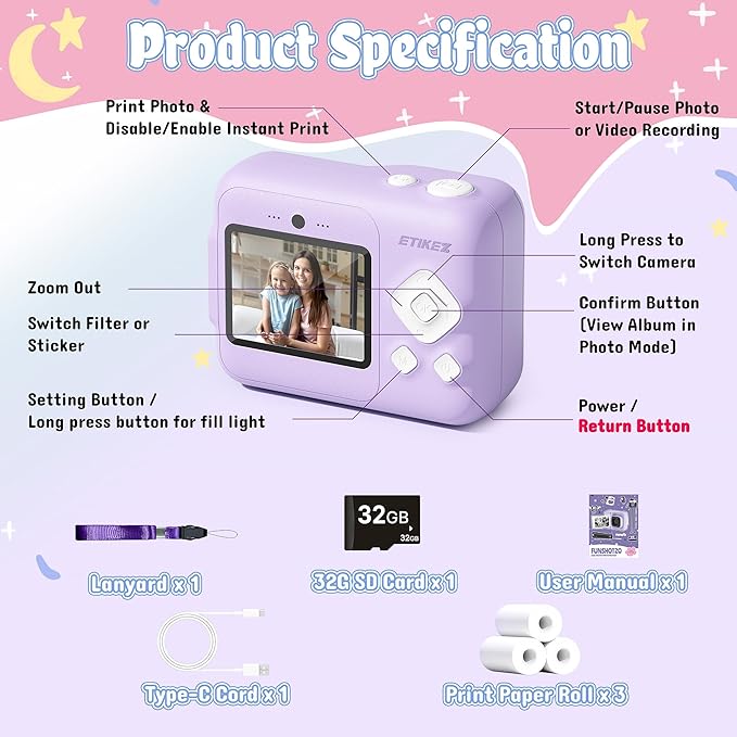 ETIKEZ Kids Camera, 1080P Instant Digital Print Camera for Kids, Christmas Birthday Gifts for 4 5 6 7 8 9 10 Year Old Girls Boys, Portable Toy with 32GB SD Card & 3 Rolls Printing Paper, Purple