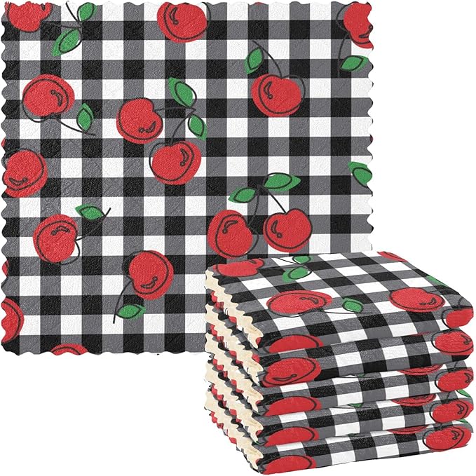 CaTaKu Cherries Plaid Kitchen Dish Cloths, 6 Pack Reusable Dish Rags for Washing Dishes, Microfiber Cleaning Cloths Dish Towels Washcloths for Kitchen Drying