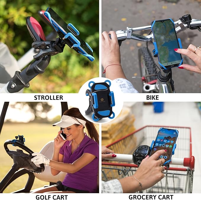 Baby Stroller Phone Holder, Shopping Cart, Golf Cart, Push Cart, Bike Phone Mount, for Motorcycle, Scooter, ATV, Boat, Spin Bike, Treadmill, Handlebar- Universal- iPhone, Cell Phone Clamp (Blue)