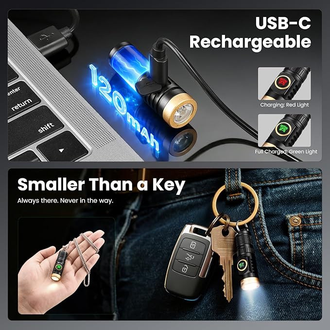 Yemao Rechargeable Keychain Flashlight with Chain,600 High Lumens EDC Pocket Flashlights, Mini Flashlight with 6 Modes for Home Daily Use,Outdoor Emergency (Expandable)
