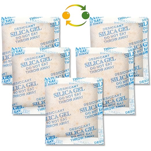 LotFancy Silica Gel Desiccant Packets, 20 Gram 50 Packs, Rechargeable Desiccant Dehumidifier with indicating Beads (Orange to Green), Non-Toxic Moisture Absorber Bag for Documents Shoes Gun Storage
