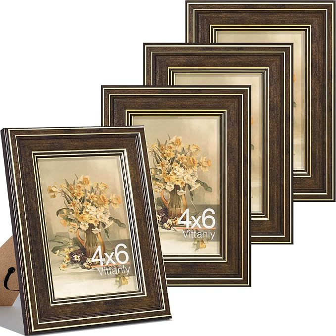 Vittanly 4x6 Picture Frame Set of 4, Vintage Photo Frame for Wall or Tabletop, Display 4x6 Pictures, Rustic Farmhouse Home Decor, Brown