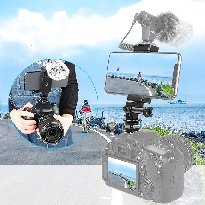 Anwenk Phone Holder Hot Shoe Mount Adapter with Cold Shoe Mount for Microphone/ Flash Light Compatible with Gopro Hero DJI Osmo Action Camera Smartphone, Attach on DSLR Camera / Ring Light/ Tripod