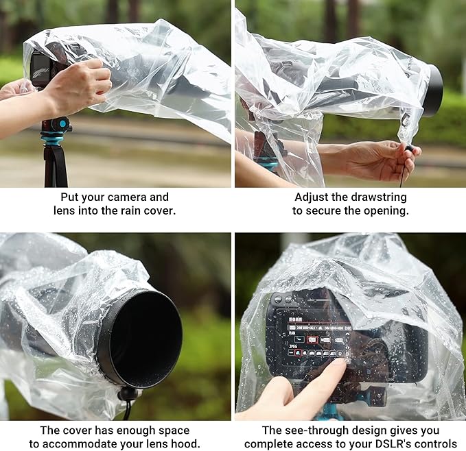 DSLR Camera Rain Cover JJC Rain Coat Sleeve Protector for Canon Nikon Fujifilm Sony Olympus Panasonic Tamron Sigma with a Lens up to 18" PE Material Totally See-Through -4 Pack