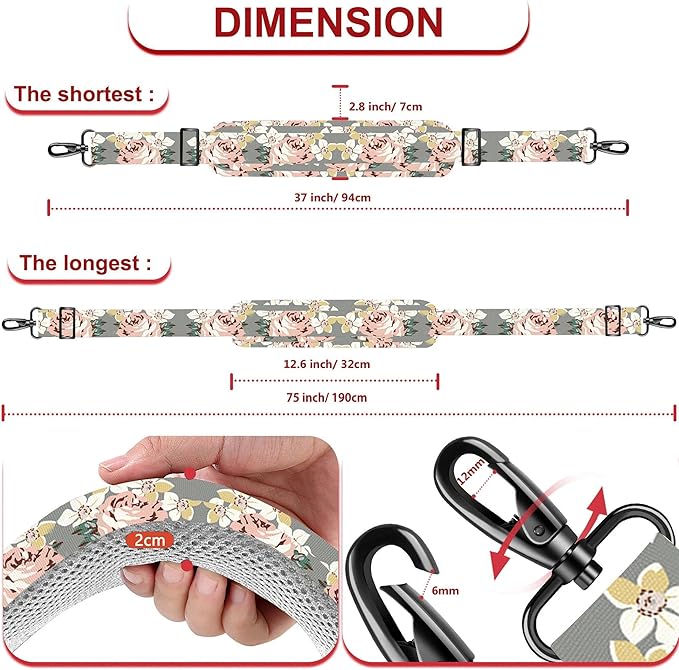 ZINZ 75" Shoulder Strap with Fixed Pad and Dual Balanced Buckles，Gray Flowers