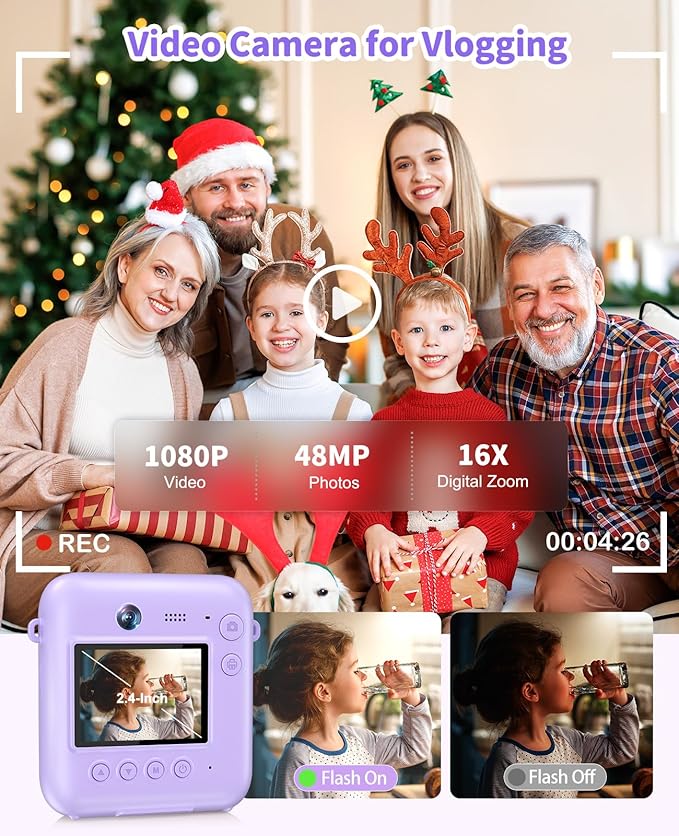 Digital Camera for Kids Instant Print, 48MP Dual-Lens Kids Camera for Girls Boys Christmas Birthday Gifts, 1080P Video Selfie Instant Cameras, Portable Toddler for 4-12 Years with 32GB Card-Purple