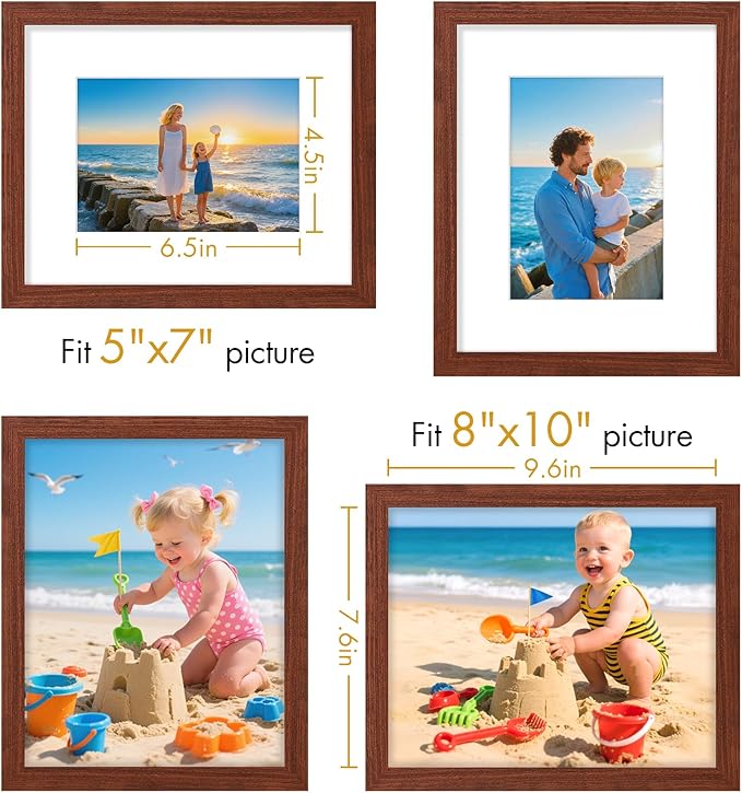 Vittanly 8x10 Picture Frame, Made of Solid Wood and Shatterproof Plexiglass, Display Pictures 5x7 with Mat or 8x10 without Mat, Wooden Photo Frame for Wall Mounting or Tabletop Display, Brown, 1 Pack