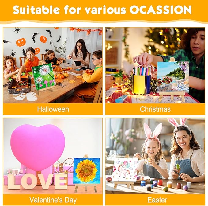 Mimorou 64 Pack 4 x 4 Inch Mini Canvases with Easel Sets for Painting Small Art Stretched Canvases Panels Pack for Kids Classroom Crafts Valentine's Day Painting Gift Easter Crafts