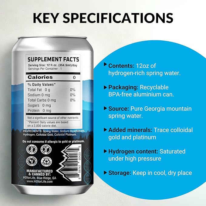 H2ForLife Hydrogen-Rich Spring Water with Colloidal Gold & Platinum – Ultra-Pure Hydration for Mental Clarity, Energy & Focus – 4.6ppm Hydrogen – 12 oz BPA-Free Cans (48 Pack)