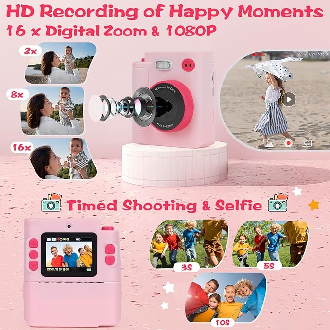 Kids Camera Instant Print, 1080P HD Dual-Lens Selfie Digital Camera with 5 Printing Paper Rolls & 32G TF Card, for Children, Portable Toddler Toy for Age 3-12 Boys & Girls (Pink)