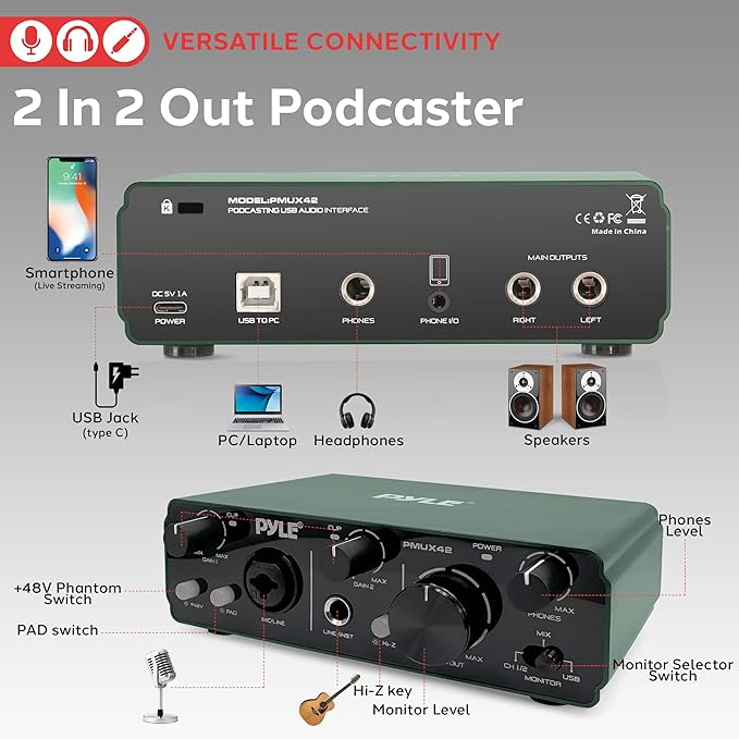 Pyle USB Audio Interface for Recording Music, Podcasting, and Streaming – 2-IN/2-OUT, 24bit/192kHz, Low-Noise, High-Fidelity Studio Quality, USB Powered, Rugged Metal Chassis, 5.9" x 4" x 1.8"