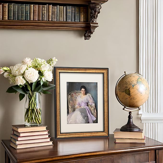 11x14 Antique Gold with Dark Brown Border Trim Wood Ornate Vintage Classic Picture Frame, With Mat 8x10 inches, Real Glass Protection, Horizontal or Vertical Display