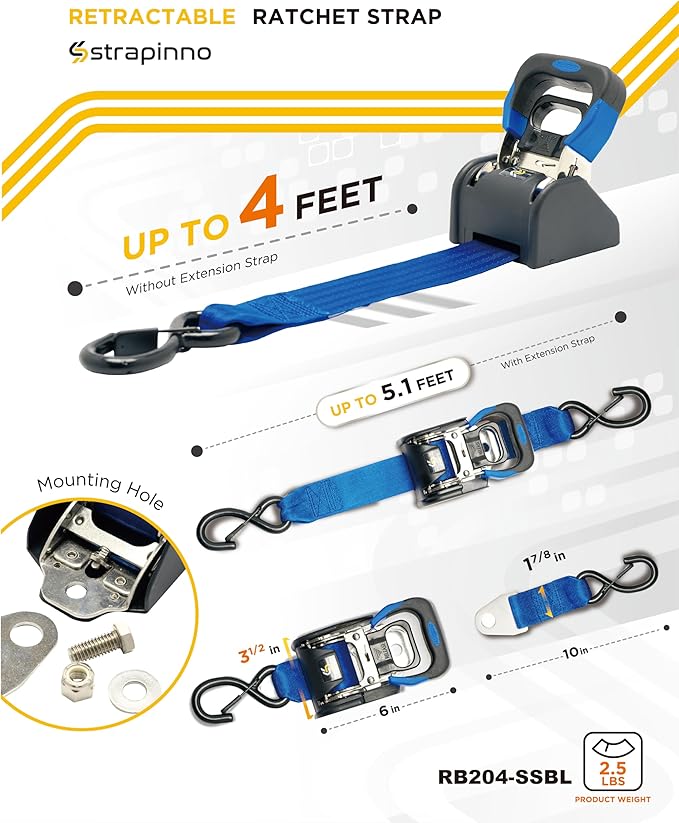 Strapinno 2PCS Stainless Steel Retractable Ratchet Straps (1 7/8 in x 4 ft) Heavy Duty Transom Tie Downs with Extension Straps, Bolt Set & Safety Latch S-Hooks,for Boat,Break Strength 1,650 LBS/750KG