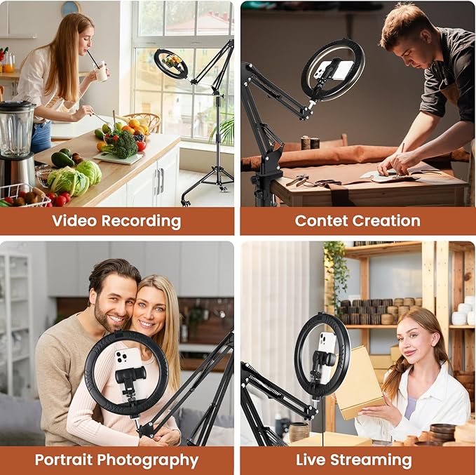 Ring Light Overhead Phone Mount with Casters, Dual-Purpose Floor/Desk Light Tripod for iPhone, Selfie Phone Tripod for Video Recording/Live Streaming/Cooking