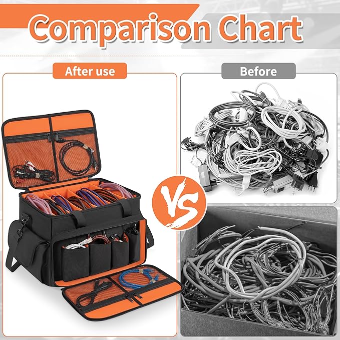 DJ Cable File Bag With Adjustable Dividers, Dj Gig Bag for Cables, Cords, DJ Gear, Sound Instrument and Accessories, Cable Organizer Bag 16L x 11W x 12H inch