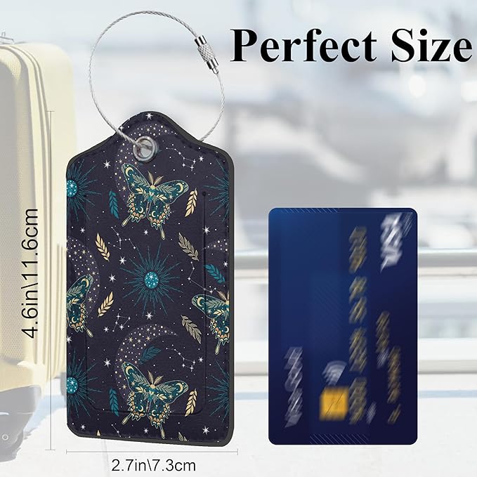 Boho Magic Space Elements Stars 2 Pack PU Leather Luggage Tags with Stainless Steel Loop, Funny Butterflies Travel Labels with Privacy Cover ID Label for Quick Spotting