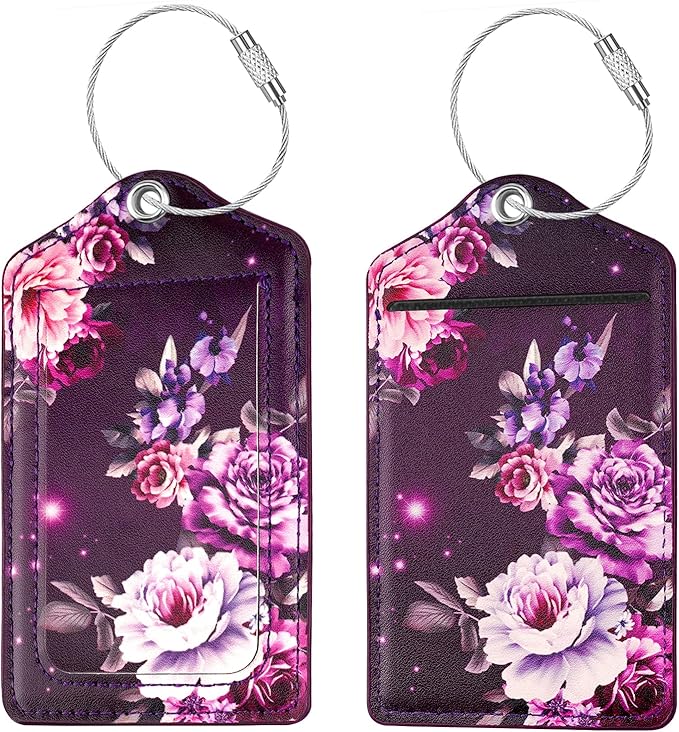 (Set of 2) Luggage Tag Leather Privacy Cover ID Label Address Card with Stainless Steel Loop, Travel Bag Tags Suitcase Labels, Purple Flowers