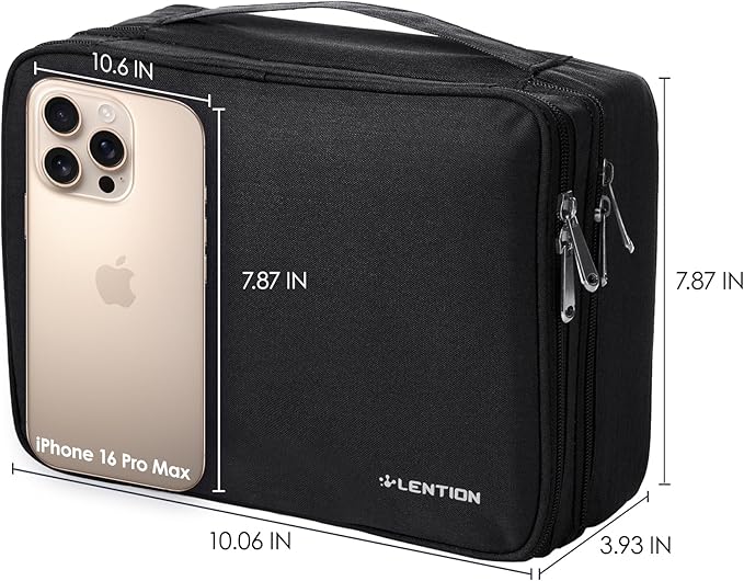 LENTION Cable Electronics Organizer Bag Pouch, Travel Cord Organizer Carry Case Waterproof Double Layers All-in-One Storage Bag Carrying for Cable, AirPods, Charger, Power Bank, Earphone Black