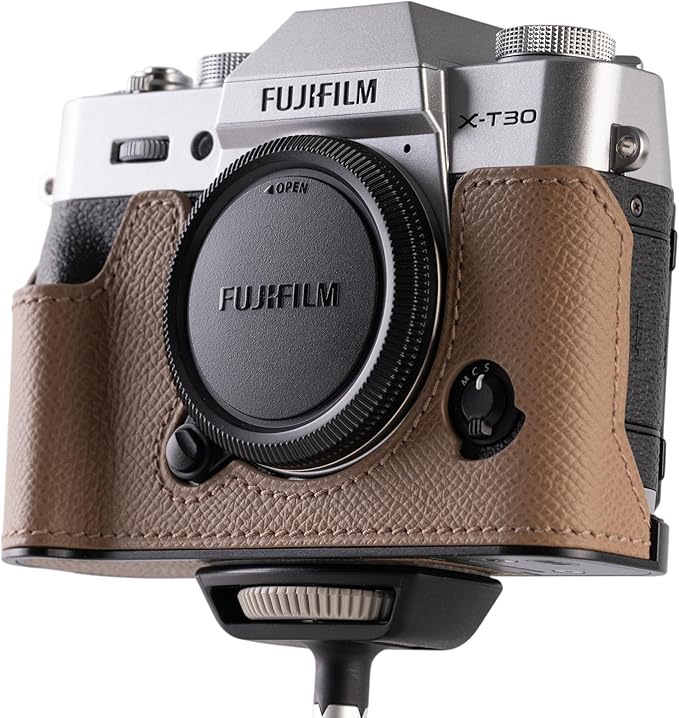 Handmade Genuine Leather Camera Half Case for FUJIFILM X-T30III /FUJIFILM X-T30III Camera Case/FUJIFILM X-T30III Case - Top Layer Cowhide Body + Metal Base Plate (Brown)