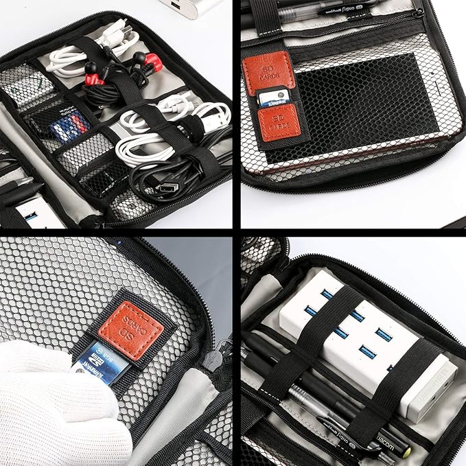 Travel Cable Organizer Bag Double Layer Waterproof Portable Electronic Accessories Organizer for USB Cable Cord Phone Charger Headset Wire SD Card with 10pcs Cable Ties(Black)