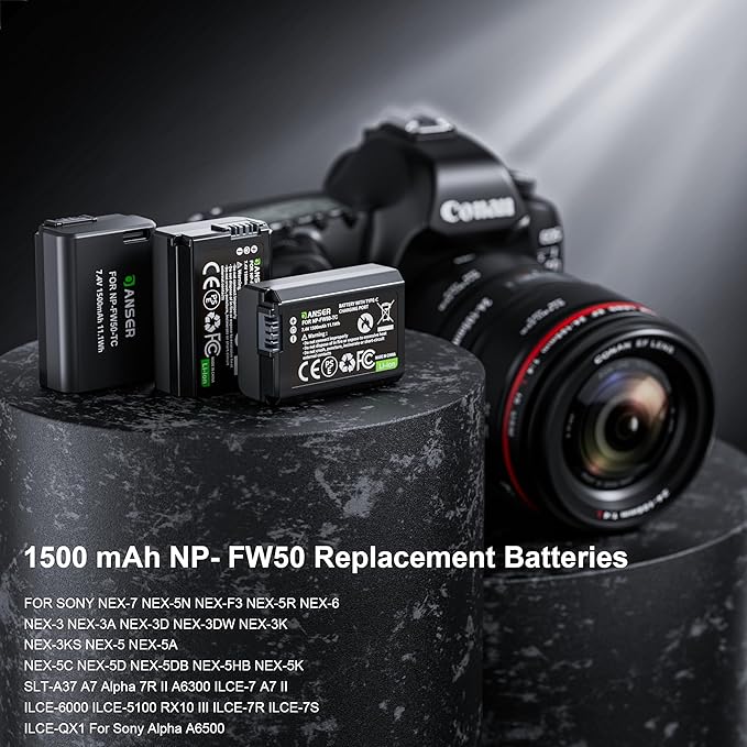 3-Pack FW50 Replacement Battery with Type-C Direct Charging for Sony A7III/A7II/A7RIV/A6500/ZV-E10/Alpha A6000/A6500/A6300 /A5100/A5000 RX10 II Cameras