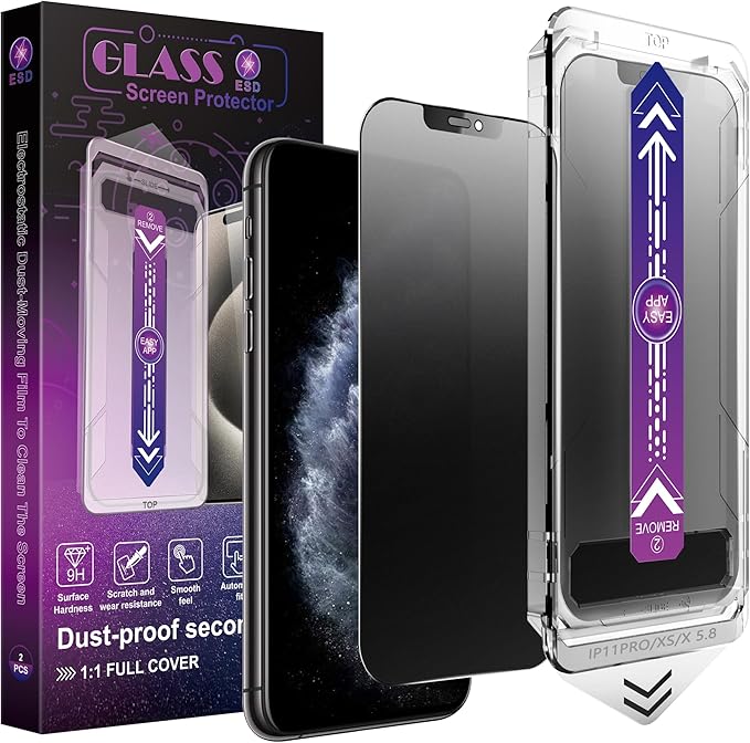 CHRYSHA 2 Pack Matte Privacy Screen Protector for iPhone X/iPhone XS/iPhone 11 Pro, 9H Tempered Glass, Full Coverage, Anti-Fingerprint, Auto Dust-Elimination, No Bubble, Easy Installation