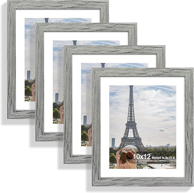 10x12 Picture Frame Set of 4, Made of Real Glass and Grey Frame - Display Picture 8x10 with Mat or 10x12 Without Mat, 10 by 12 Photo for Wall Mounting