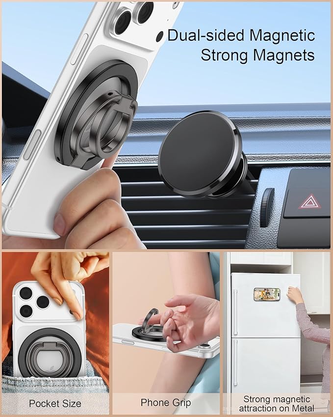 MagSafe Phone Ring Holder Grip for iPhone, Dual-Sided Magnetic Ring Stand Grip for iPhone 17 16 15 14 13 12, 360° Rotation MagSafe Phone Stand Magnetic Kickstand Finger Loop Holder for Desk, Car Mount
