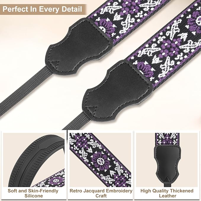 Neck Strap Silicone Camera Straps - Padded Camera Strap, 1.5" Wide Adjustable Nylon Shoulder Strap - Compatible with Canon, Nikon, Sony, and More DSLR and Mirrorless Cameras (Purple)