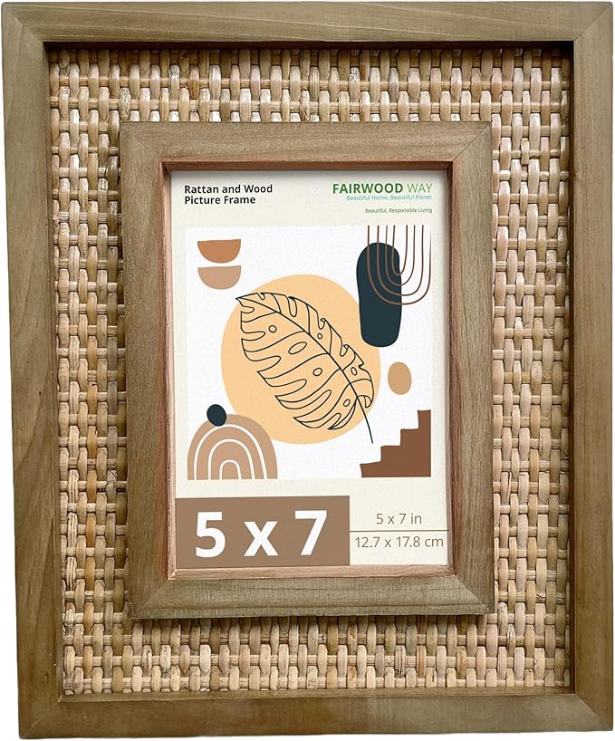 Handwoven Rattan & Solid Wood Picture Frame for 5x7 Photo or Artwork - Rustic Picture Frames, Wicker Wall Decor, Coastal, Beach, or Tropical Style, All Natural Wood & Seagrass - Brown