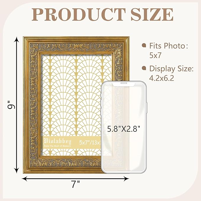 VIOLABBEY 5x7 Picture Frame Gold, Vintage Photo Frames Ornate without Mat for Tabletop or Wall Hanging