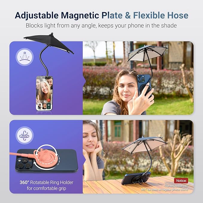 Magnetic Phone Umbrella for Sun,Outdoor Phone Sun Shade Shield with Flexible Angle Design & Rotatable Phone Ring,Umbrella for iPhone 17 Air 16 15 14 13 Pro Max Plus,Mag-Safe Case &All Phone Anti-Glare
