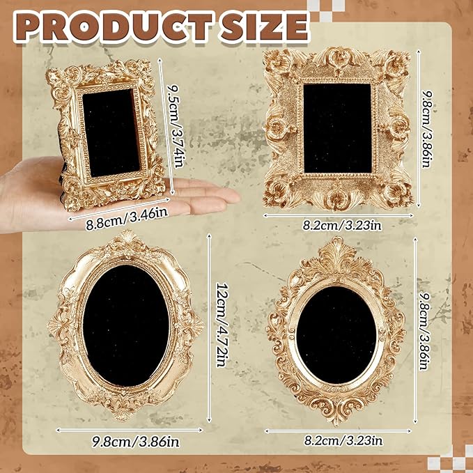 4 Pcs Mini Vintage Jewelry Display Stand Baroque Gold Picture Frame Necklace Earrings Holder Jewelry Photography Props Organizer with Velvet Backing Antique Decor for Wedding Women Gift