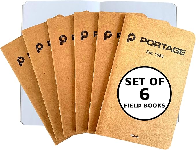 Portage Small Blank Notebook- 6 Notepads for Field Notes, White Blank Small Sketch Book, Pocket Notebook Journal for Taking Notes in the Field – 3.5 x 5.5 Inches, 64 Pages, (Pack of 6)
