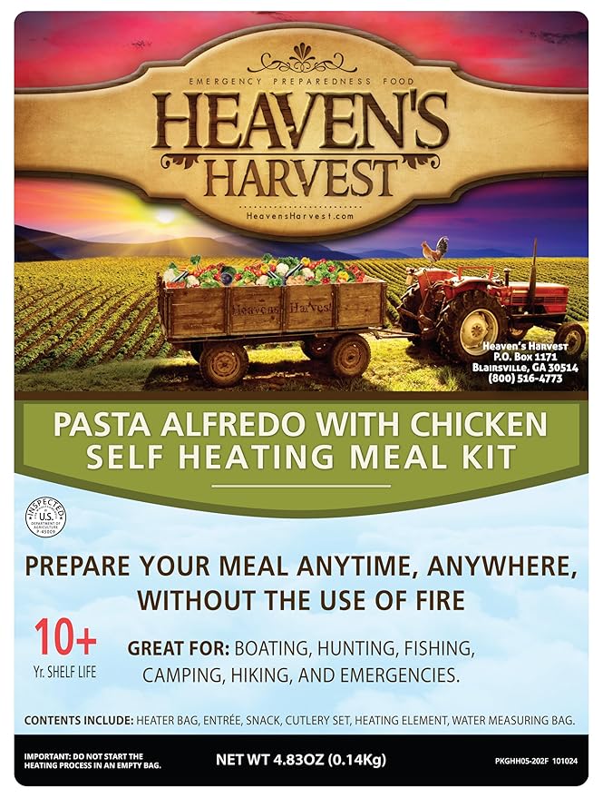 Heaven's Harvest Self-Heating Emergency Meal Kit (10 Year Shelf Life) — Tastier than MRE Meals & Ready-To-Eat in Minutes! Just add water to activate the “cooking” process. (Pasta Alfredo) (6-Pack)
