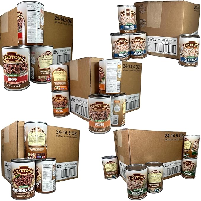 Keystone Meats 120-Pack All Natural Canned Meat Variety – Includes Beef, Pork, Turkey & Chicken 14.5 oz Each and Ground Beef 14 oz – Fully Cooked, Ready to Eat, Gluten-Free Emergency Food Supply