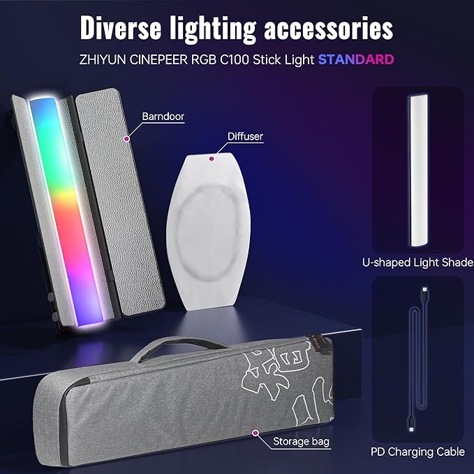 ZHIYUN CINEPEER C100 100W RGB Stick Light LED APP Control Video Light Wand 2700K-6500K CRI 95+ TLCI 98+ Continuous Output Lighting for 6 * 4500 mAh Photography 14.3" Tube Lights Standard