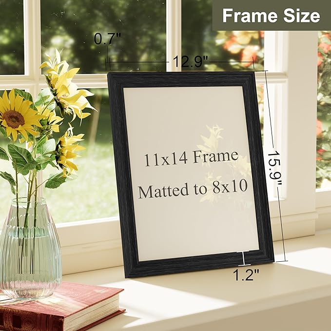 Vittanly 11x14 Picture Frame Set of 4, Vintage Photo Frame for Wall or Tabletop, Display 8x10 Pictures with Mat or 11x14 without Mat, Rustic Farmhouse Home Decor, Distressed Black