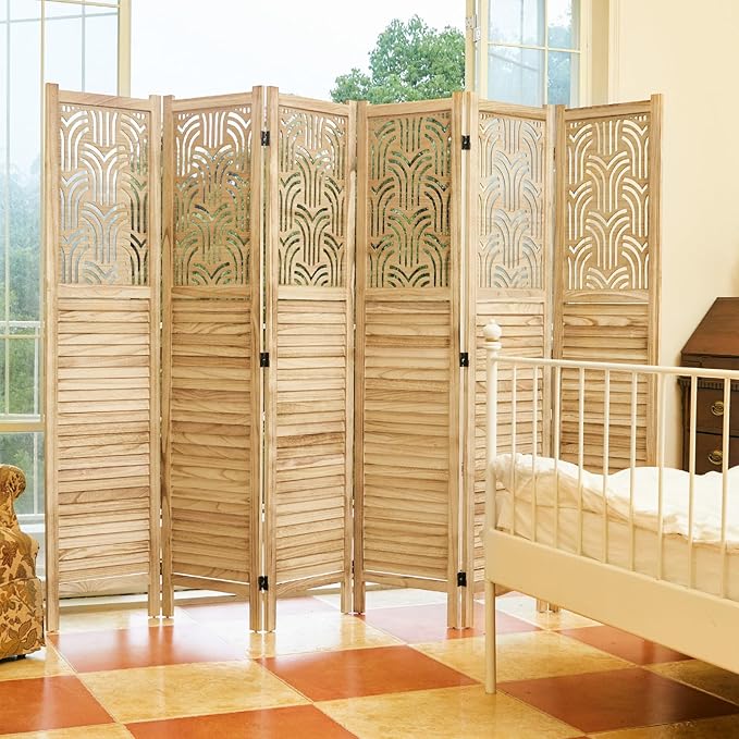 Folding Room Divider, 66.9 Inch 6 Panels Wood Carved Privacy Screens, Free Assembled Freestanding Portable Separation Wall for Home Office Bedroom (Natural)