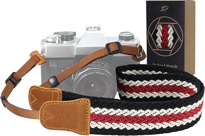 Padwa Lifestyle Stripes Camera Strap - 1.5" Crazy Horse Cowhide Head Soft Cotton Rope Weave Camera Straps for Photographers and All Cameras,Cute Adjustable Vintage Woven Strap for Adults & Kids