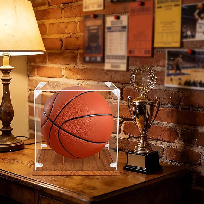 Hooqict Basketball Display Case Acrylic Clear 10" Full Size with Solid Wood Base UV Protected Basketball Holder Display Stand Case Square Box for Sports Collections Autographed Ball Memorabilia Gifts