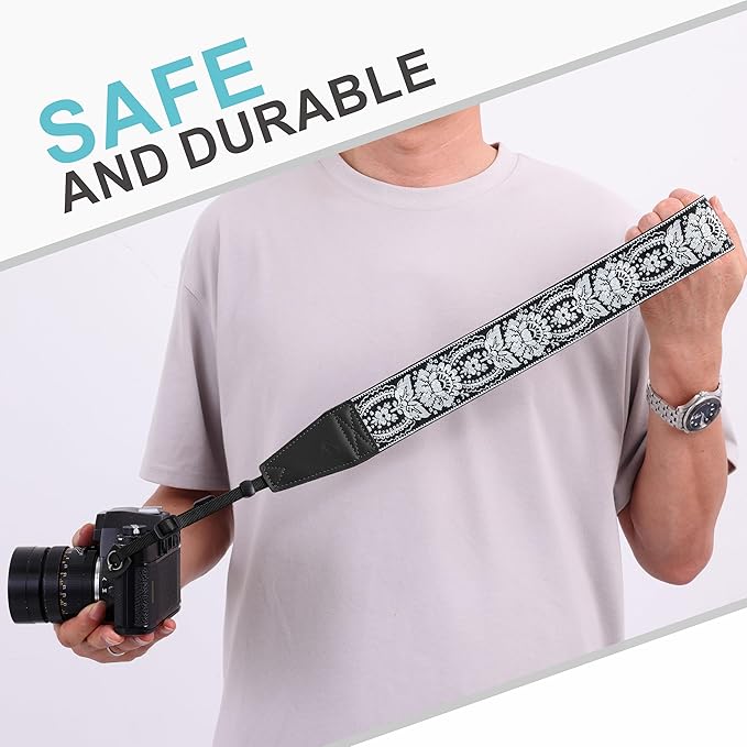 Padwa Lifestyle Camera Strap - 2" Full Grain Leather Ends Camera Straps for Photographers, Vintage Embroidered Cotton Weave Soft Suede Fabric Padded Strap Quick Release fits All Cameras