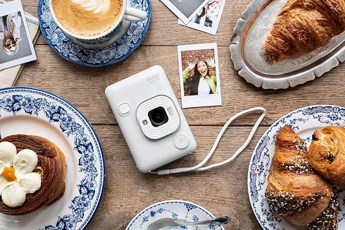 Fujifilm Mini LiPlay Hybrid Instant Camera with Mini Film, 32GB microSD Card, Charging Cable, Hand Strap and Pixibytes Microfiber Cleaning Cloth...(Misty White + 20 Sheets)