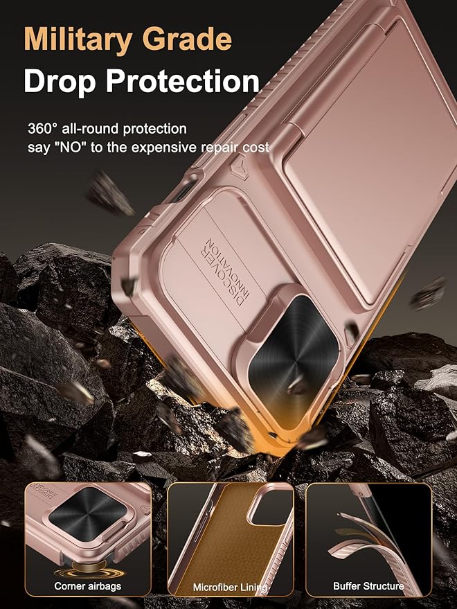 Vihibii for iPhone 13 Pro Max/iPhone 12 Pro Max Case with Card Holder (4 Cards), [RFID Blocking] & Slide Lens Camera Cover, Military Grade Drop Protection, Heavy Duty Wallet Phone Case, Rose Gold