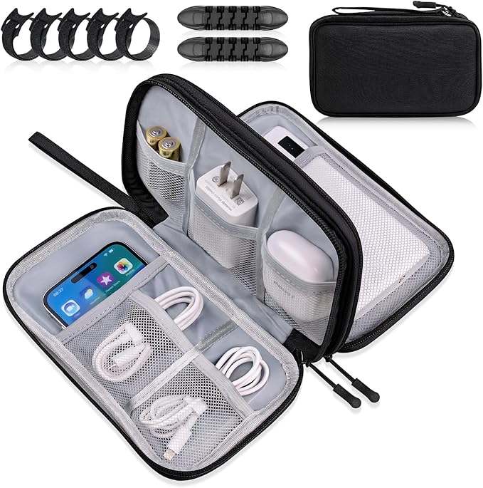 Electronics Organizer Travel Case, Travel Accessories Essentials for Men Women, Cord Organizer Travel Tech Pouch, Waterproof Double Layers Storage Bag for Cable, Charger, Phone, Earphone, Black