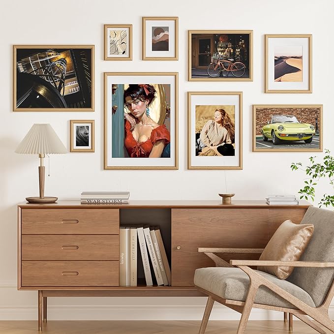 11x14 Picture Frame, Natural Solid Wooden Picture Frames with Tempered Glass, Display 8x10 with Mat or 11 x 14 Without, Vertical or Horizontal Wall Hanging Photo Frame, Natural Oak Color, 1 Pack