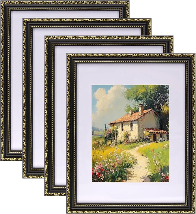 eletecpro 11x14 Picture Frames Set of 4, Vintage Frame with Glass Cover, Black Gold Photo Frames 11 x 14 Display 8x10 Photo with Mat or 11x14 without Mat for Tabletop or Wall Decor, Black Gold