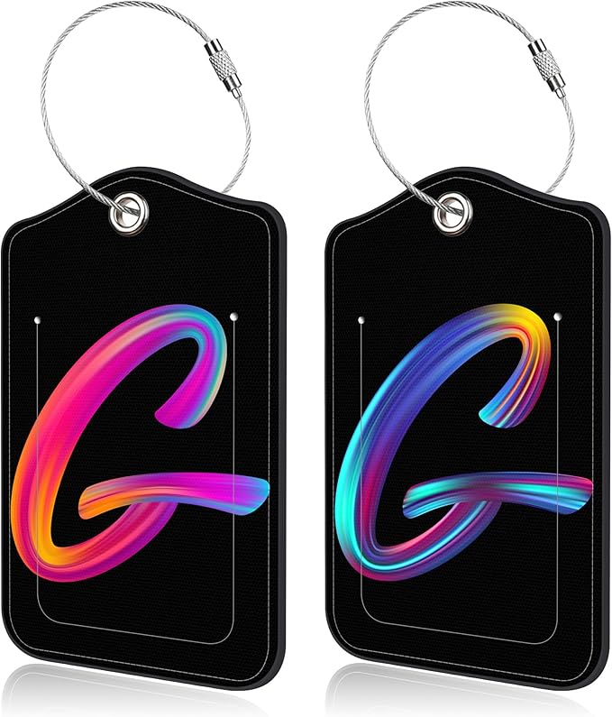 Luggage Tags for Suitcase,2 Pack Neon Colorful Letters Luggage Tags,Leather Baggage Tags Identifiers with Privacy Name Address Labels and Metal Loop for Women Men Girls Travel,Letter G