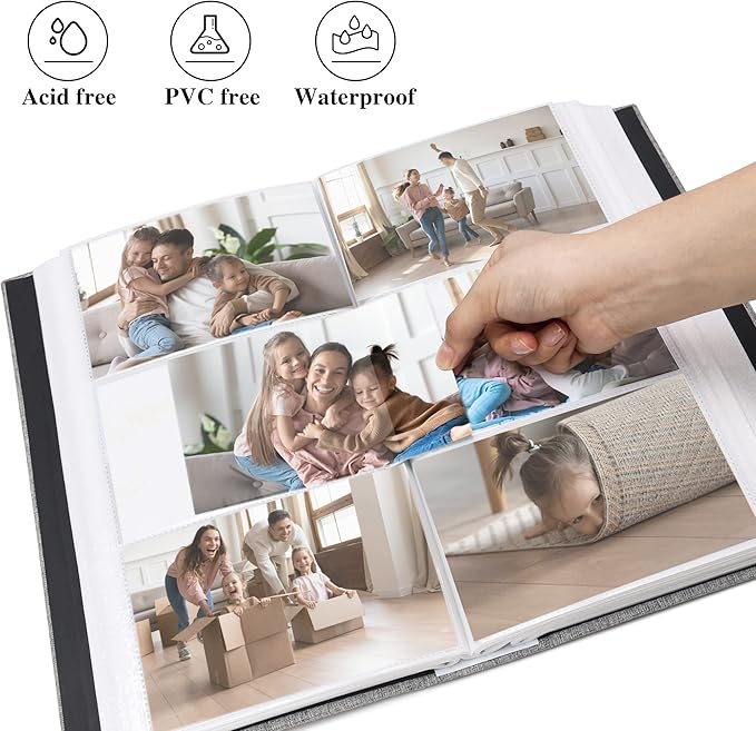 Vienrose Linen Photo Album 300 Pockets for 4x6 Photos Fabric Cover Photo Books Slip-in Picture Albums Wedding Baby Black